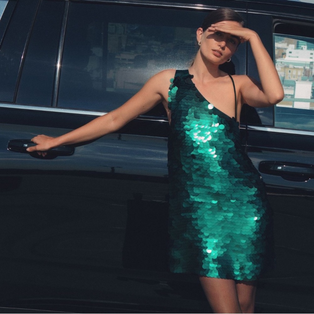 Anthropologie Green Sequin One-Shoulder Mini Dress